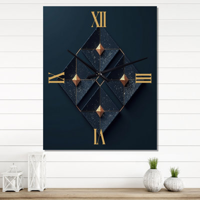 Rhombus In Deep Blue And Gold Abstract - Modern Geometric Very Large Wall Clocks