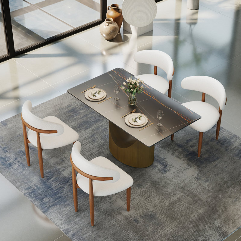 Fairy 5-Piece Modern Rectangular Sintered Stone Dining Table Set With 4 Solid Wood Chairs, Brown, Lauren Blackgold