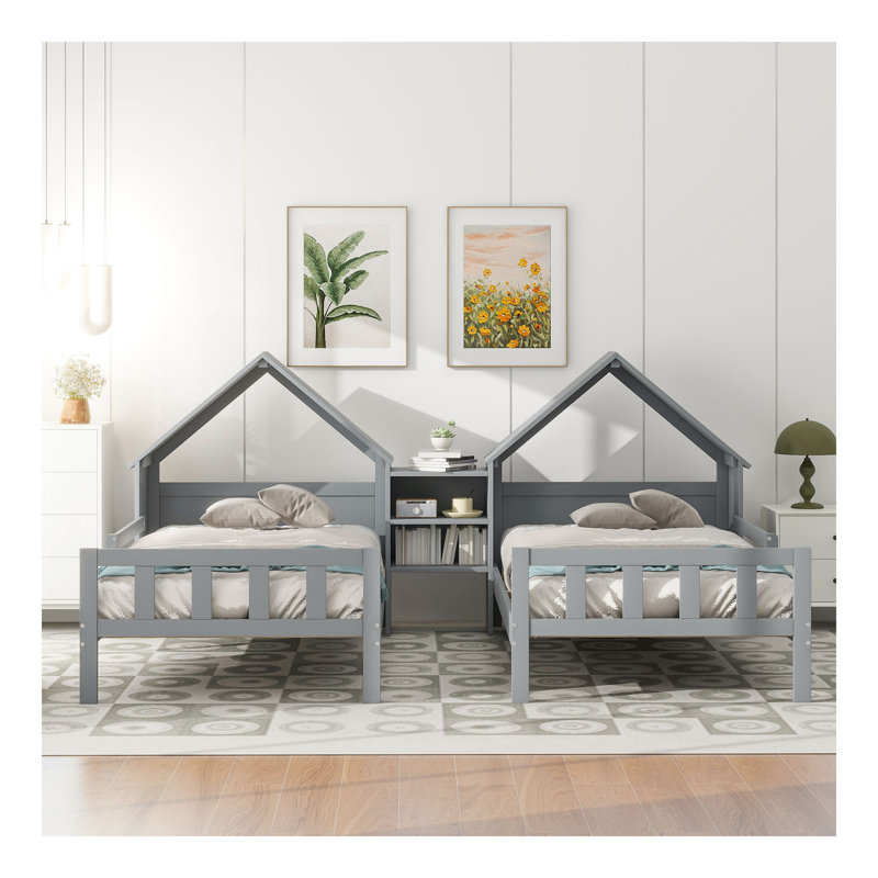 Lit plateforme simple double avec tête de lit en forme de maison et table de chevet intégrée, gris