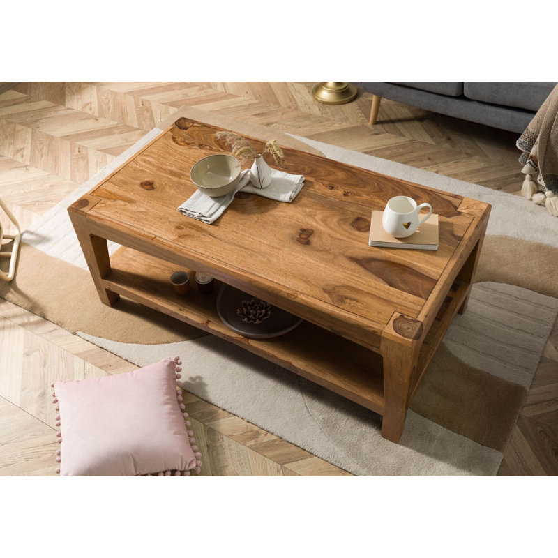 Ancona Solid Wood Four Leg Coffee Table with Storage, Brown Lacquered