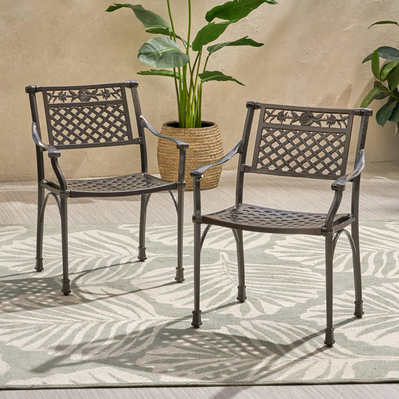 Chaise de patio en fonte d'aluminium, hauteur 80 cm, largeur 61 cm, profondeur 55 cm, couleur bronze, motif floral.