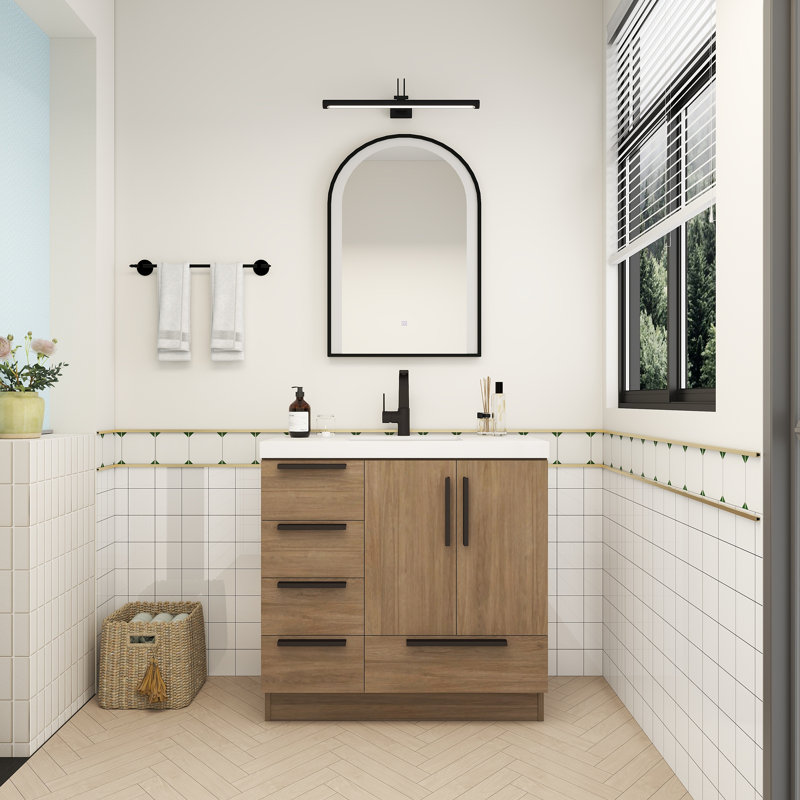 Carla Freestanding Bathroom Vanity with Left Side Drawers, Dark French Oak, 35"