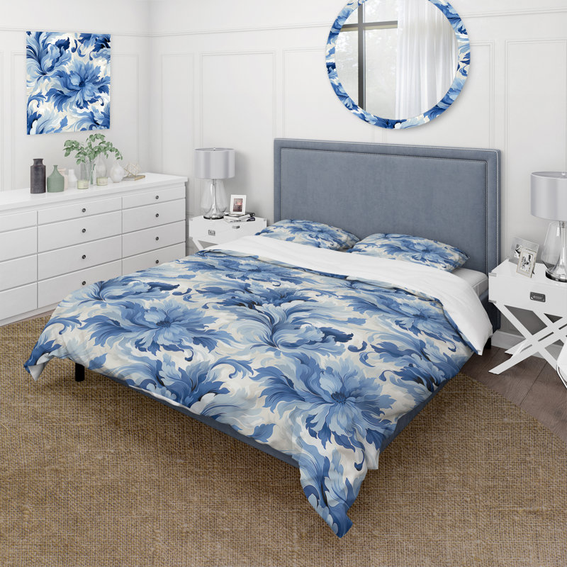 Ensemble de housse de couette zen bleu et blanc, Housse de couette pour très grand lit et 2 très
