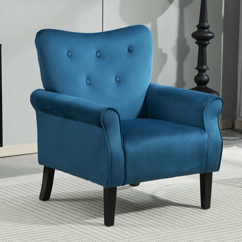 upholstery modern armchair with wood legs and wing back, Navy Blue Polyester