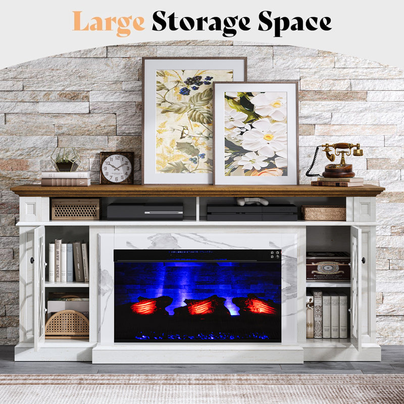 Farmhouse 70" Heavy Fireplace TV Stand with 33" Electric Fireplace & Diamond Door,White, White