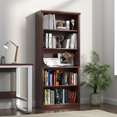 Bibliothèque à 5 tablettes, bibliothèque en bois avec tablettes | Bibliothèque de grande hauteur Zisey, l 29,5 po x P 12,8 po x H 67 po, cerise, salon, bibliothèque, bureau