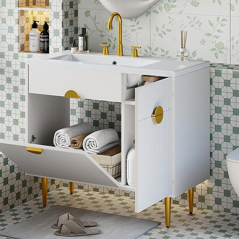 Meuble-lavabo de 36 po avec lavabo en résine, meuble-lavabo moderne, armoire de rangement avec porte à fermeture en douceur et porte rabattable