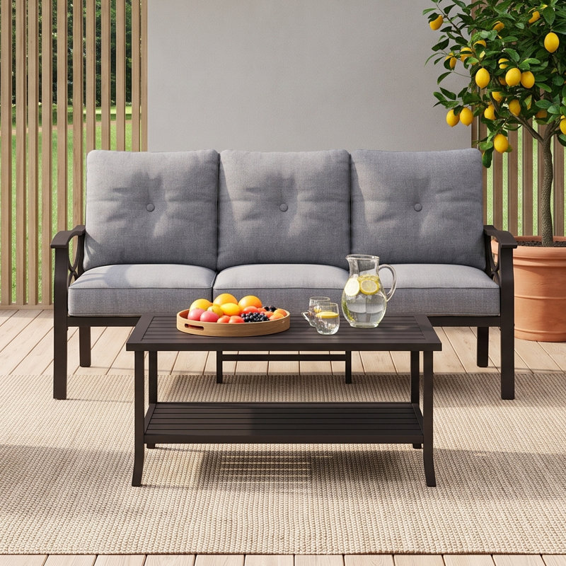 177.8cm Wide Straight Metal Sofa with Cushions, Gray Cushion/Coffee Frame
