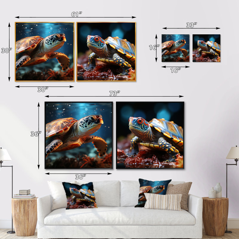 Abstract Harmony - Ensemble de 2 collages carrés tortue, Cadre flottant blanc, H 36 po x l 73 po
