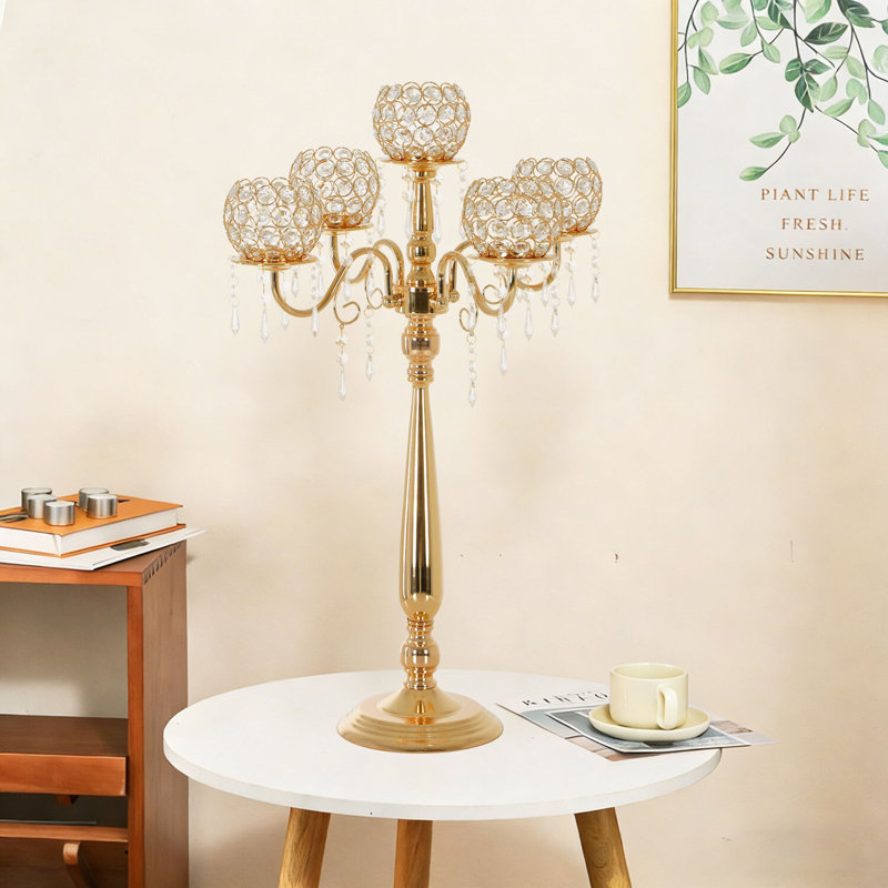 5 Arm Crystal Candelabra Centerpieces For Wedding Tables,29.5 Inches Tall, 1, Gold