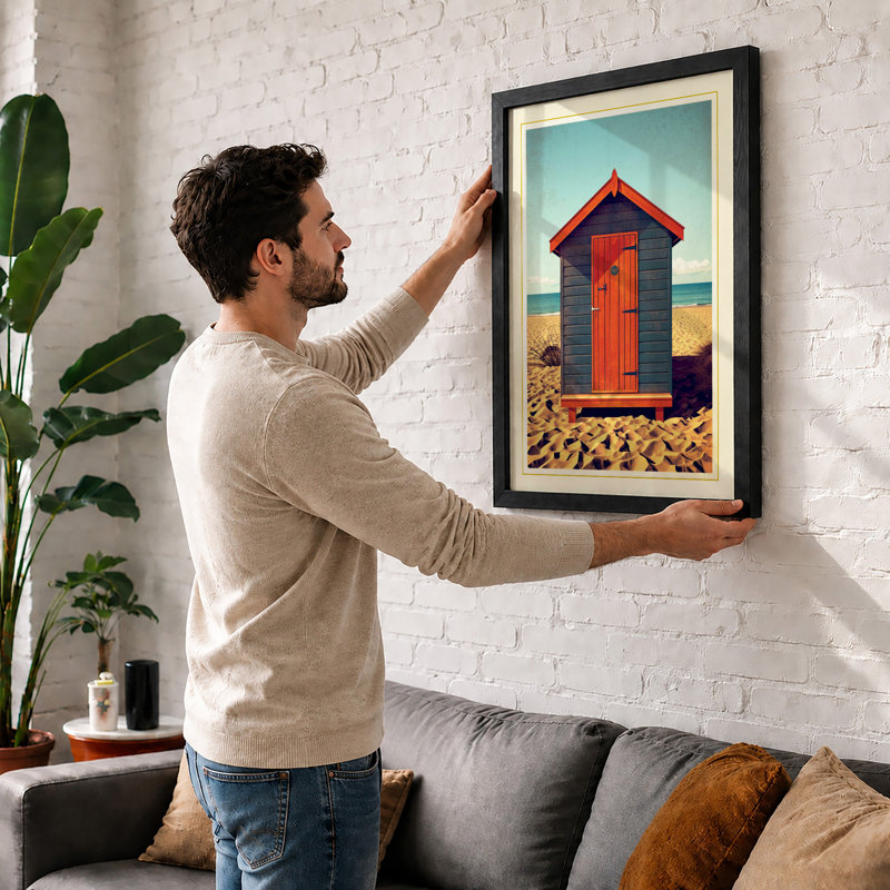 Beach Hut by the Sea Coastal - Framed Print, A2 - 59.4 x 42.0 cm, Walnut