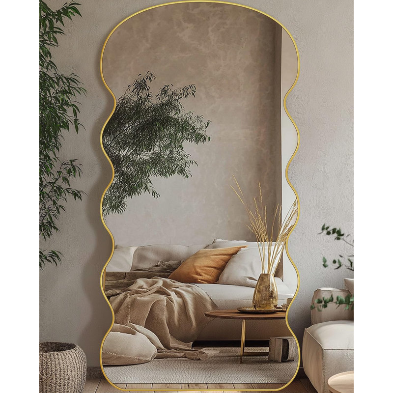 Wavy Full Length Mirror With Stand, Floor Mirror, Aluminum Alloy Frame Wall Mounted Leaning Standing, Full Body Mirror For Bedroom Living Room Entryway,Gold