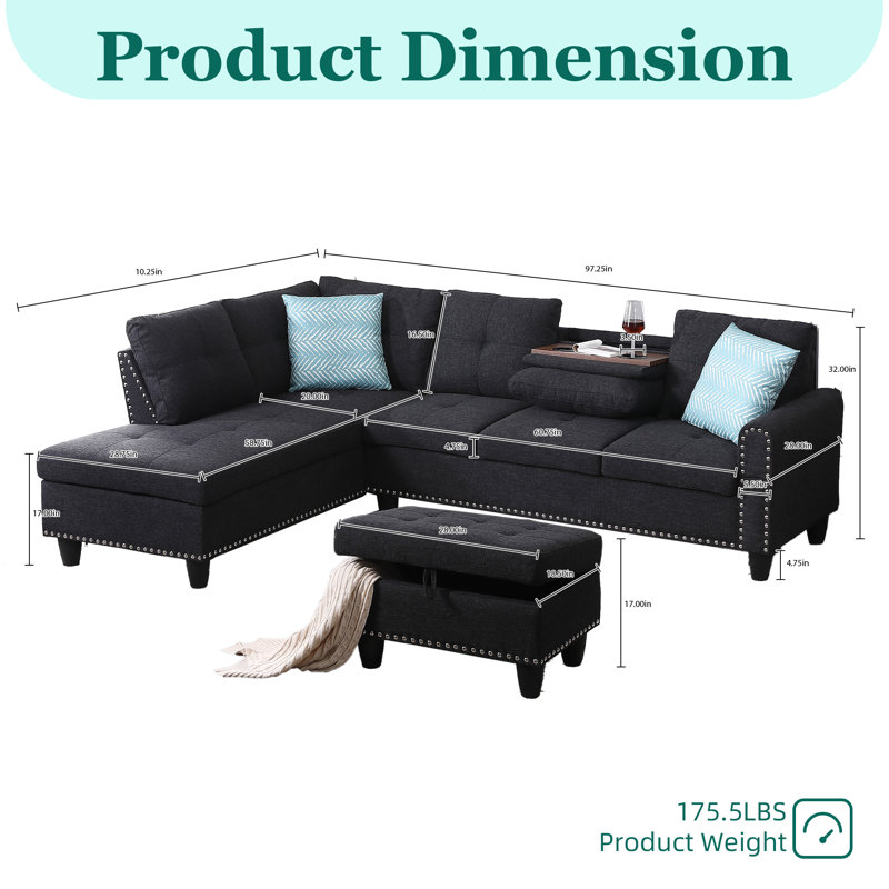 Canapé modulaire moderne en L gris anthracite à 4 places en L avec méridienne et repose-pieds 2 coussins, Lin gris anthracite