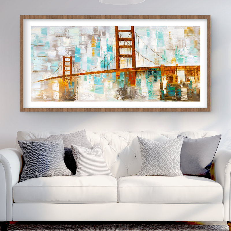 Golden Gate avec taches de peinture turquoise - reproduction encadrée, H 24 po x l 48 po, Brun