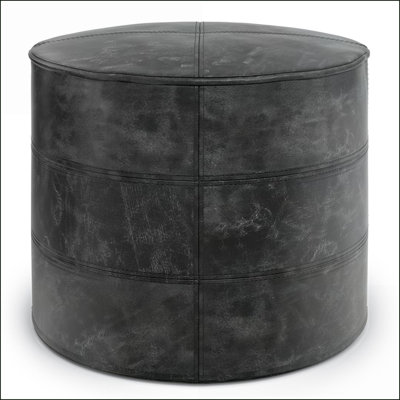Pouf rond Connor en cuir noir vieilli - 18 x 18 x 14 pouces | Cuir | Profondeur du siège 18