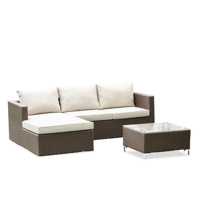 3 Piece Patio Conversation Set - Outdoor Sectional Sofa Set Contains a Rectangle Glass Top Wicker Coffee Table and Linen Fabric Cushion , Brown