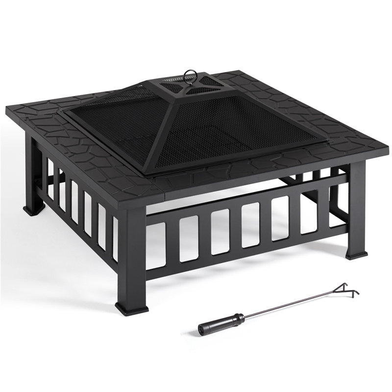 Pridgen Outdoor Square Fire Pit with Poker, Black, 14" H x 34" W x 34" D