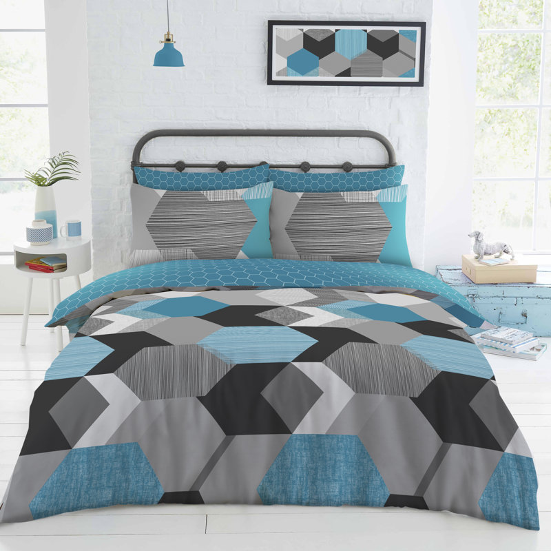 Duvet Cover Set with Pillowcases, Teal Geometric Shapes, Double Duvet Cover Set + 3 Additional Pieces