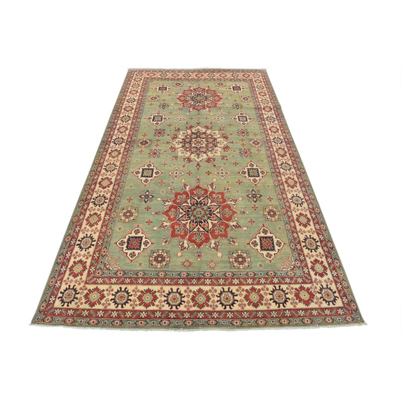 Hand-Knotted Green and Red Wool Cotton Area Rug