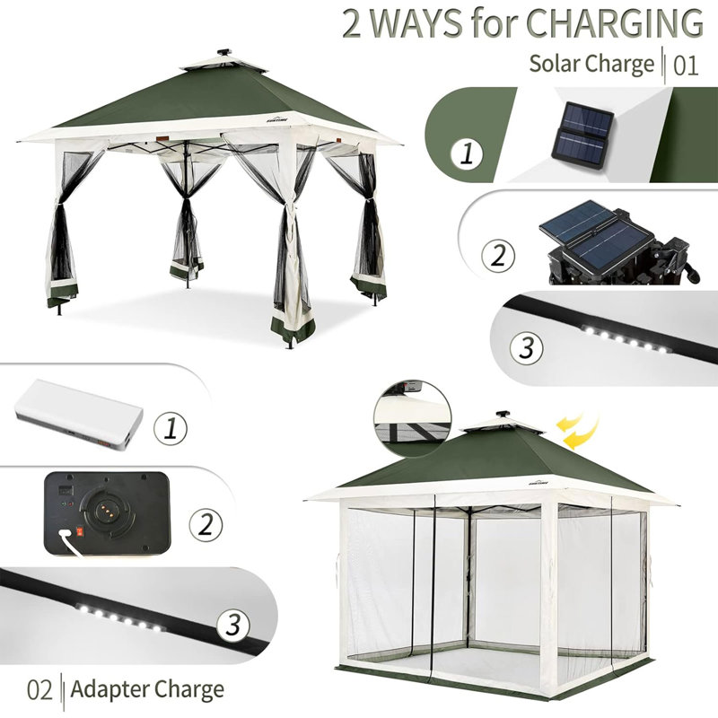 Suntime 12x12 Instant Pop Up Gazebo Solar Light Screen Canopy Tent Cover, Green