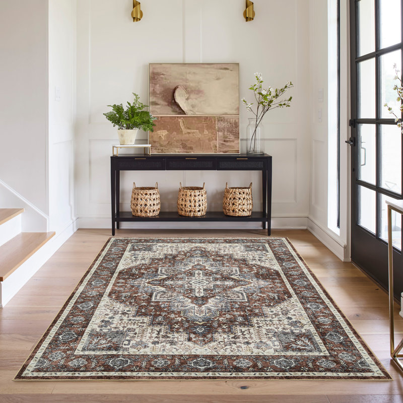 Machine Washable Vintage Rug Non Slip Rug Retro Floor Cover Foldable Carpet for Living Room Bedroom Playroom Dorm Home Office