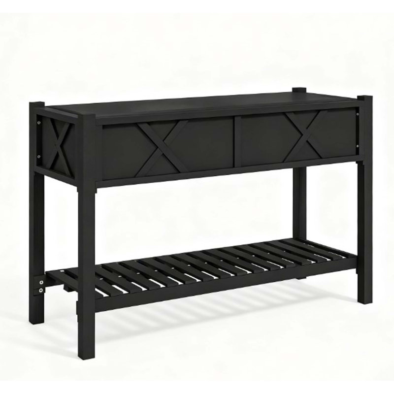 Dual-Tier Elevated Wood Planter Box,Raised Garden Bed,With Storage Shelf,Drainage Holes,And Liner, Black