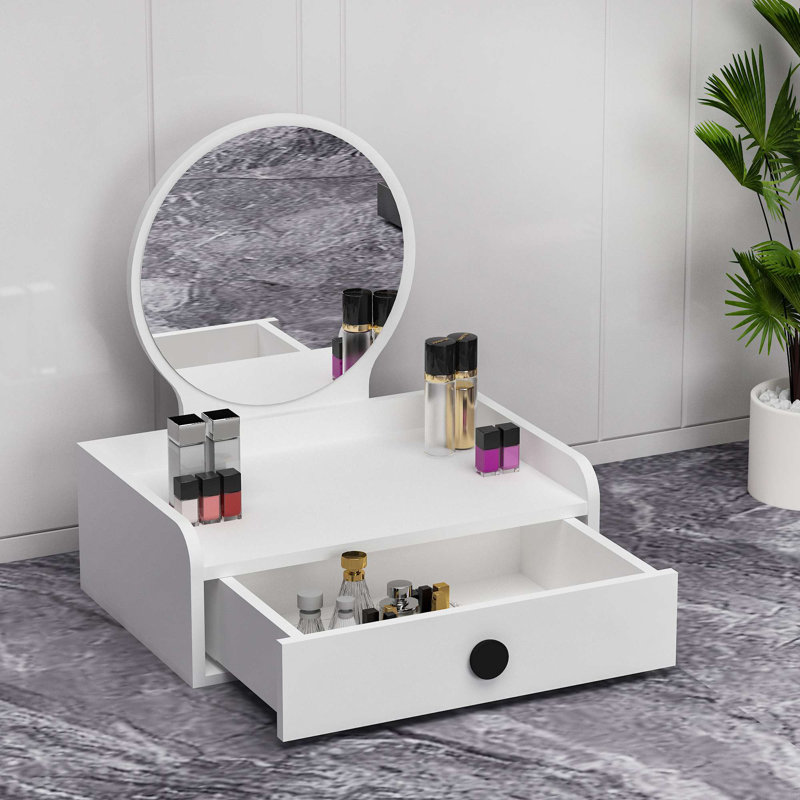 Stylish Make-Up Table with Mirror, White, 23.6 x 8.6 x 15.7 inches | 100% Melamine Coated Particle Board, Thickness: 0.7 inches | Wall-Mountable Design, Perfect for Modern Vanities & Compact Spaces