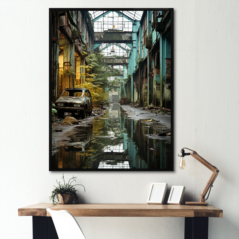 Paysage industriel, sarcelle, transformation sur toile, H 44 po x l 34 po x P 1,5 po, Cadre flottant noir
