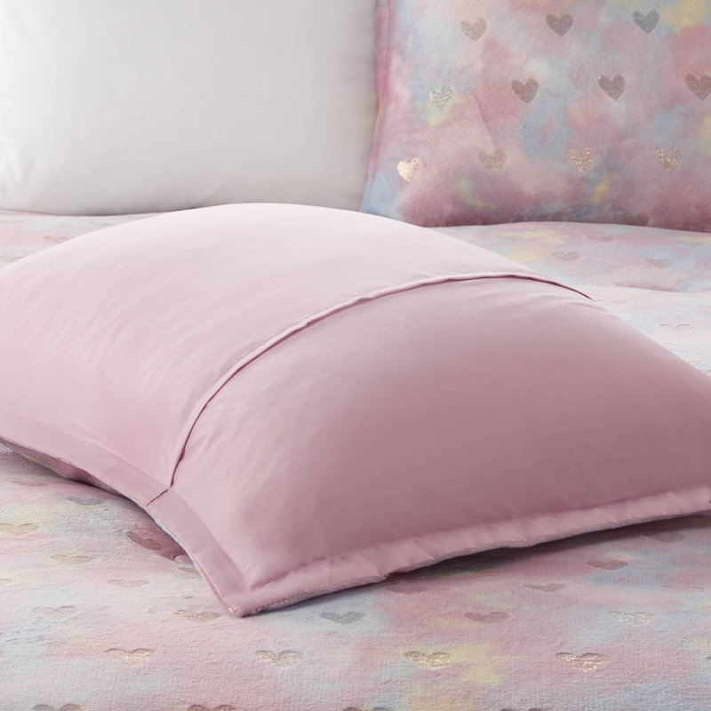 Twin Pink Multi/Gold Microfiber Plush Comforter Set with Hearts