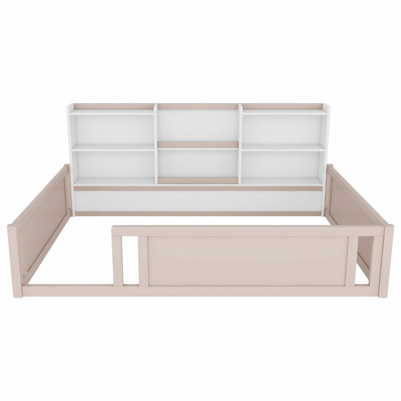 Lit plateforme en bois avec barrière de sécurité et tablettes de rangement latérales, Double, Crème, blanc
