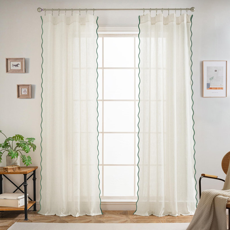 Semi Sheer Scalloped Edge Linen Coastal Beach Window Curtains for Living Room Bedroom 2 Panels Rod Pocket, 52" W x 63" L