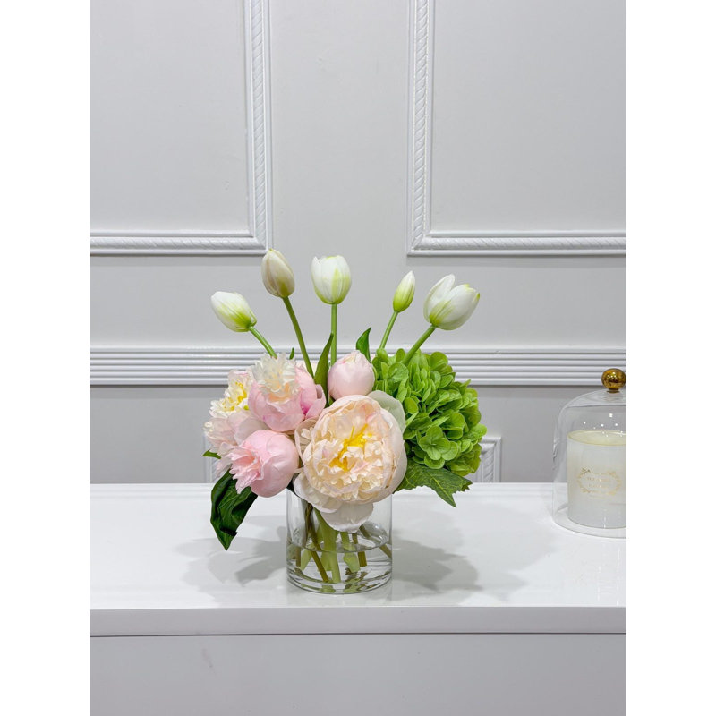13 in Real Touch Peony Tulip Hydrangea Faux Floral Centerpiece in Glass Vase