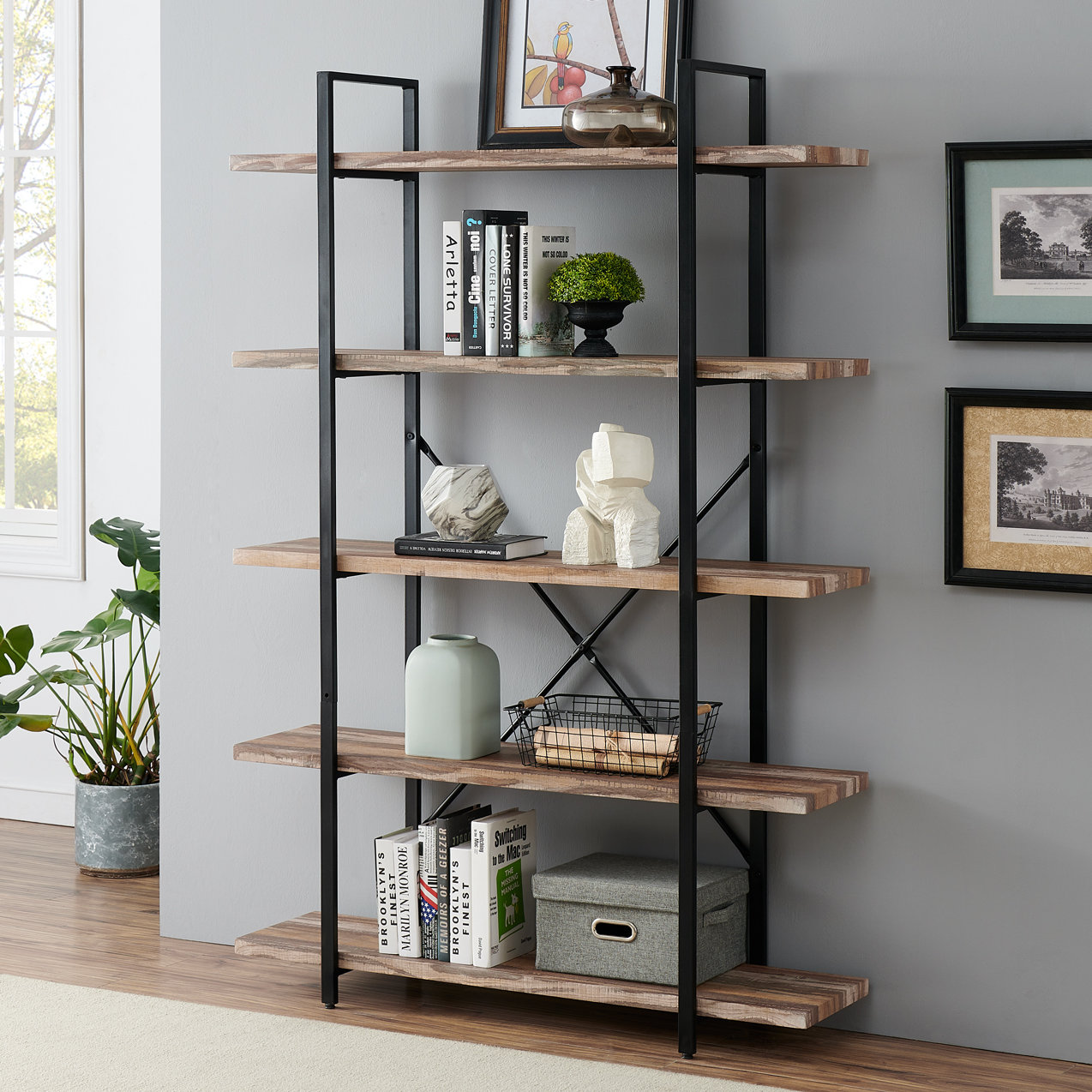 17 Stories Oscer Bookshelf Industrial 5 Tier Etagere Bookcase Bookshelves  for Living Room, Bedroom & Reviews