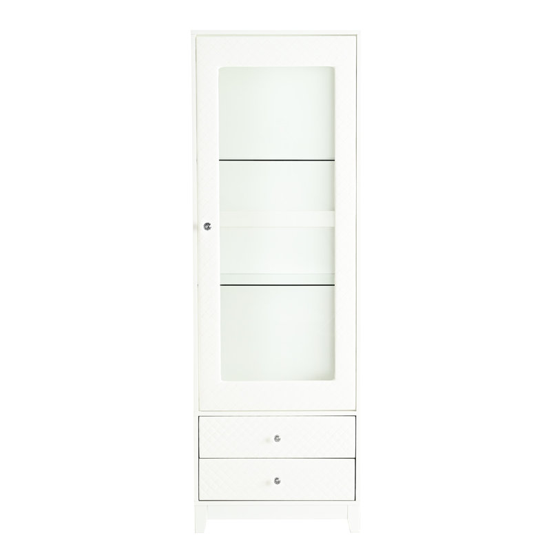 71'' Freestanding Upholstered Display Cabinet With Glass Door, 5 Colors Led Ceiling , 2 Storage Drawers, Wine Cabinet, Adjustable Shelves, 180 Panoramic View For Dining Room Decor - White Elements,
