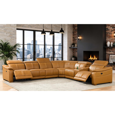 Canapé modulaire modulaire avec similicuir en cuir, sièges inclinables, appuis-tête réglables et porte-gobelets de rangement en similicuir 6 gingembre, profondeur 126,58 po, largeur 115,77 po, hauteur 32,42 po, poids 427,34 lb