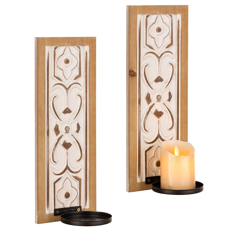 2 Piece Wood Wall Bath Sconce Set, Brown/White/Pink