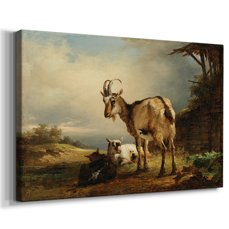 Chèvres dans un paysage - Peinture sur toile tendue par Gauermann - c. Milieu du 19e siècle, 18 x 27