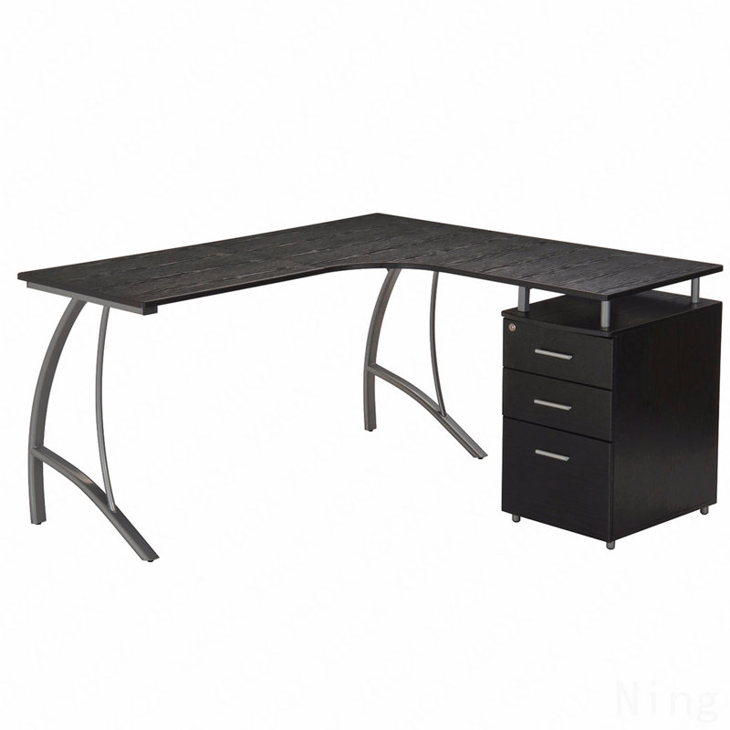 Bureau d'ordinateur moderne en L avec classeur et rangement, espresso