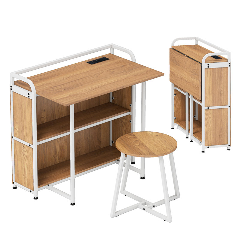 Folding Table With Stool 90 Cm Computer Desk Set With AC Outlets-Brown, Yellow
