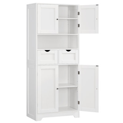 Bathroom Storage Cabinet, Freestanding Storage Unit With 4 Doors, 2 Drawers, 2 Adjustable Shelves, For Bathroom, Kitchen & Living Room, White 