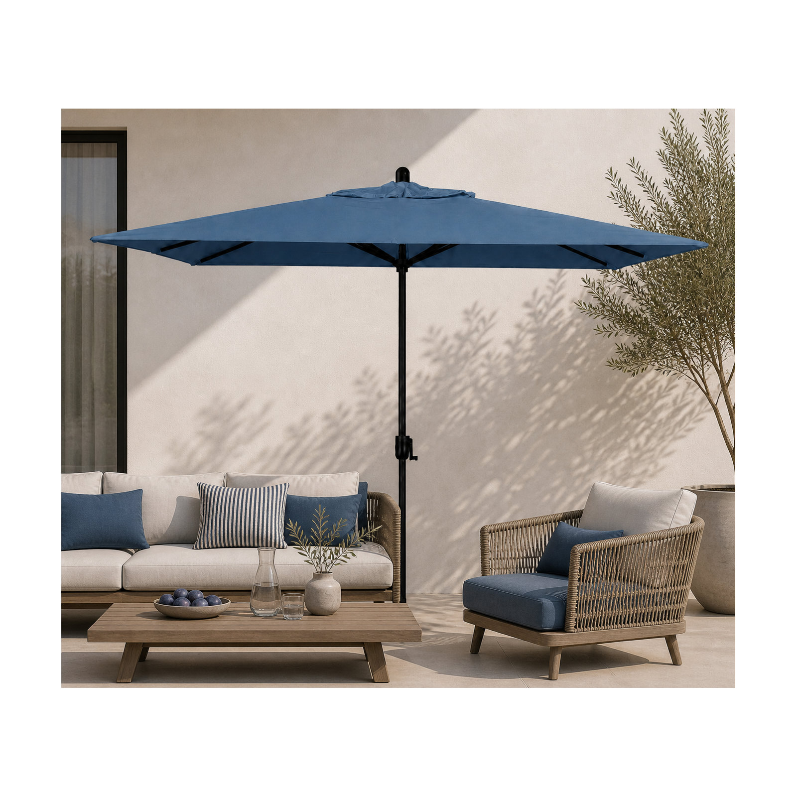 Olivier 116.7'' Outdoor Umbrella, Black Sapphire, Canvas Sapphire Blue Sunbrella