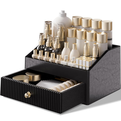 Organisateur de meuble-lavabo en cuir avec tiroir et plateau, rangement de maquillage de grande capacité pour rouge à lèvres, cosmétiques et produits de beauté, organisateur élégant pour comptoir de chambre ou de salle de bain