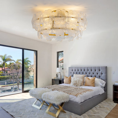 20.5" Floral Glass Flush Mount Ceiling Fan with Light Gold Low Profile Ceiling Fan with Remote & Bluetooth App for Bedroom & Small Apartment