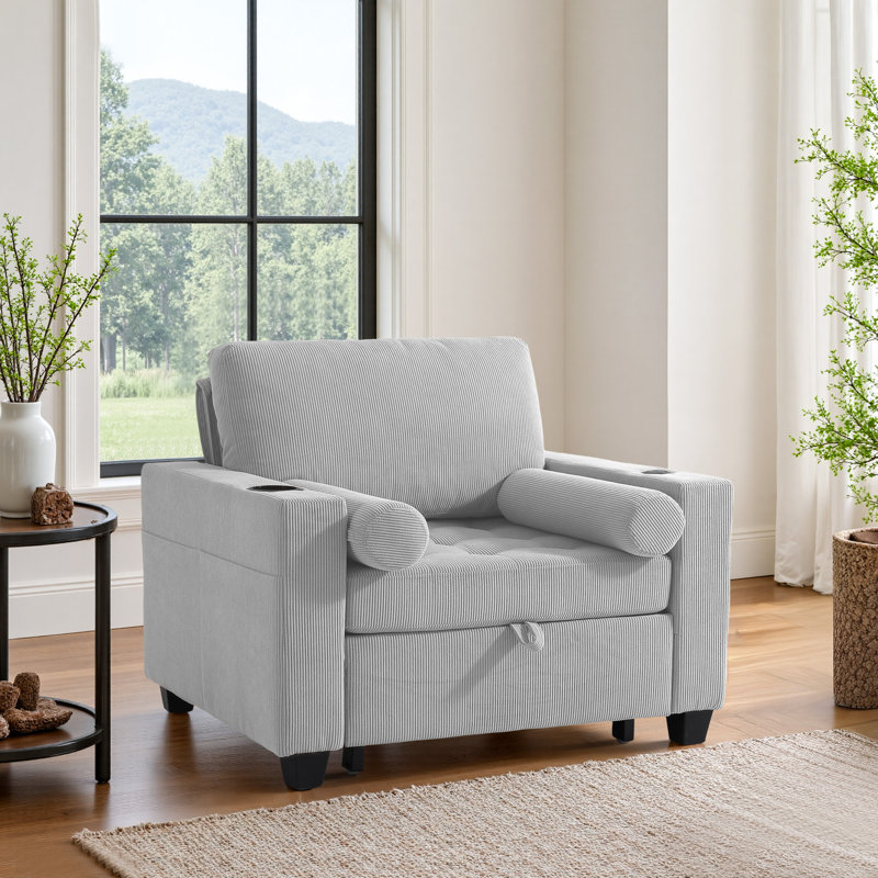 Canapé-lit convertible gris clair en velours côtelé capitonné 3-en-1 avec 2 coussins moelleux, prise USB et porte-gobelet