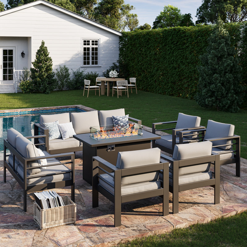 9-Person Sofa Seating Group With Fire Pit, Beige Cushion/Gray Frame