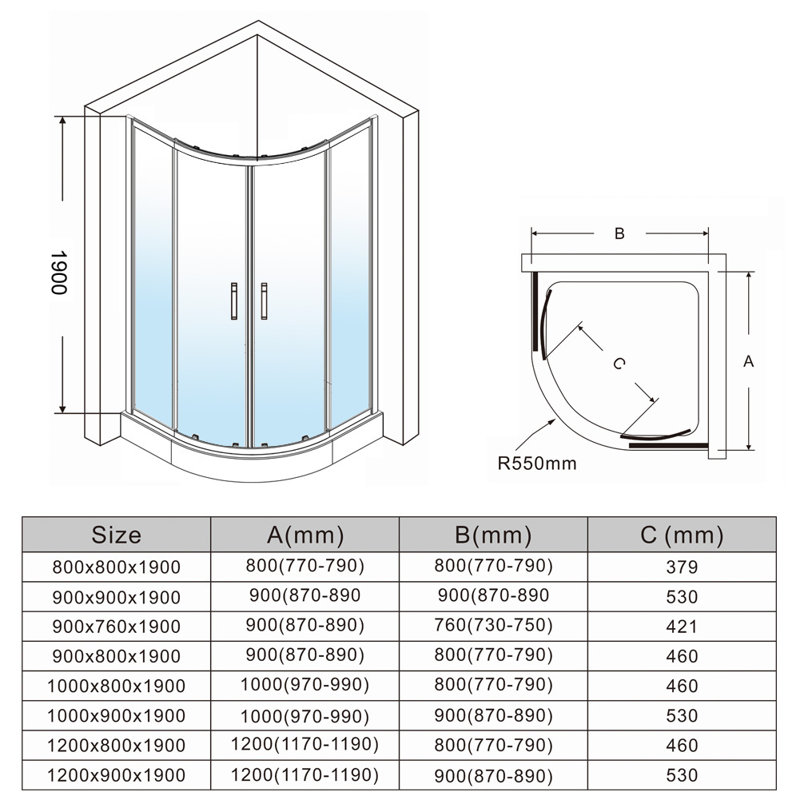Sainz Offset Quadrant Shower Enclosure, 190 H x 90 W x 90 D