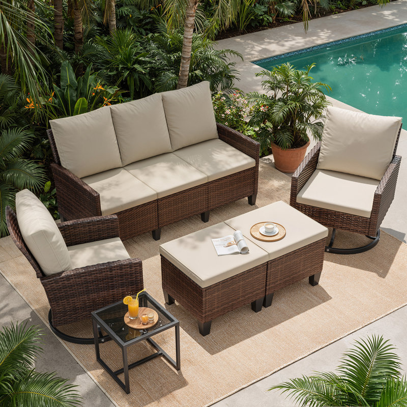 Ensemble de conversation modulaire en résine tressée 7 pièces pour patio avec chaises pivotantes à 360°, Crème, Brown