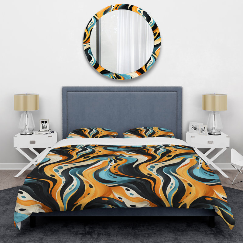 Retro Futurism In Orange and Blue Waves - Ensemble de housse de couette abstrait - Microfibre de polyester