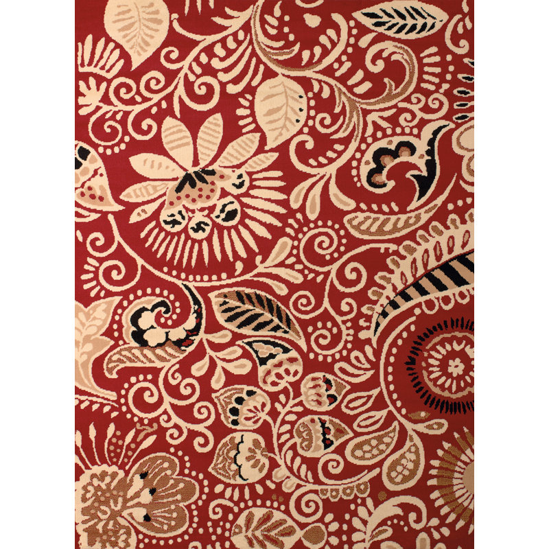 Tapis rouge à motif floral Carlile, 2 pi 3 po x 7 pi 2 po