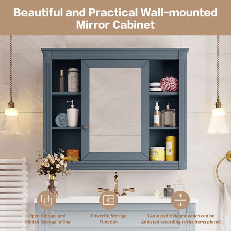 Armoire murale de salle de bain 35 po x 28 po, armoire à pharmacie, armoire murale moderne avec miroir, Blue//Black
